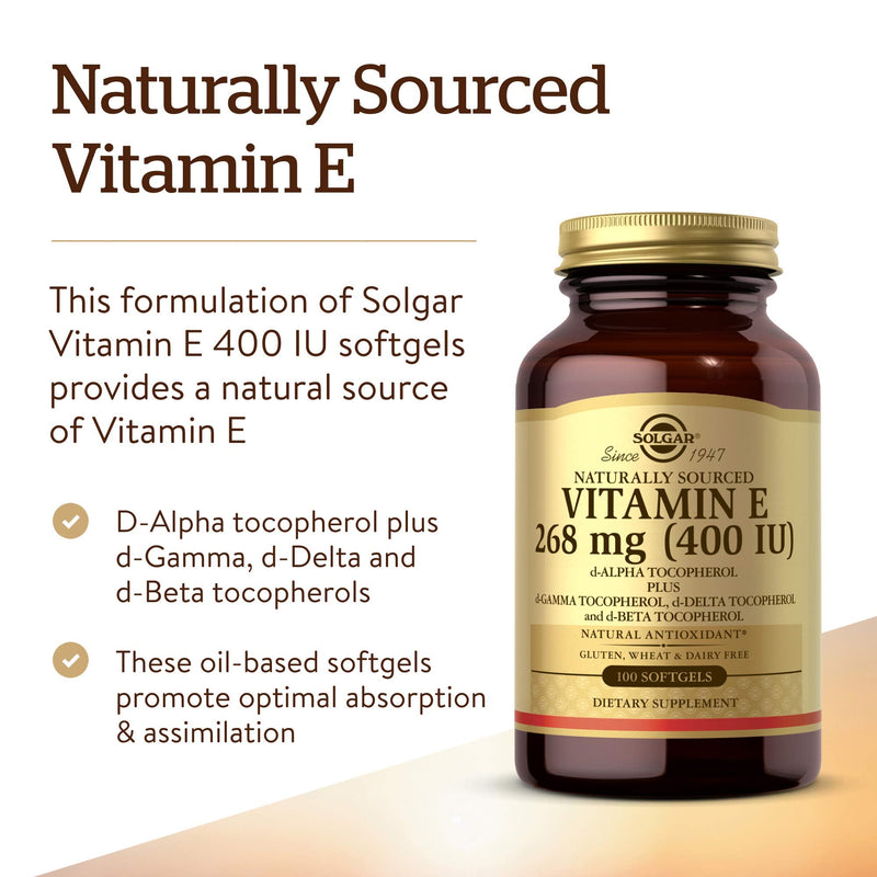 Solgar Vitamin E 268 MG (400 IU) Mixed (d-Alpha Tocopherol & Mixed Tocopherols), 100 Softgels - Supports Immune System & Skin Nutrition - Natural Antioxidant - Gluten Free, Dairy Free - 100 Servings - NewNest Australia