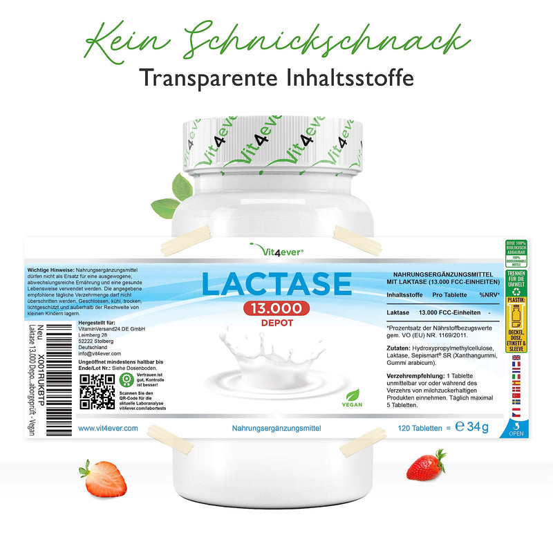 Lactase 13,000 Depot - 120 tablets with depot effect (Sepismart® Slow Release) - High dose with 13,000 FCC units - For lactose intolerance + milk intolerance - Without unwanted additives - NewNest Australia