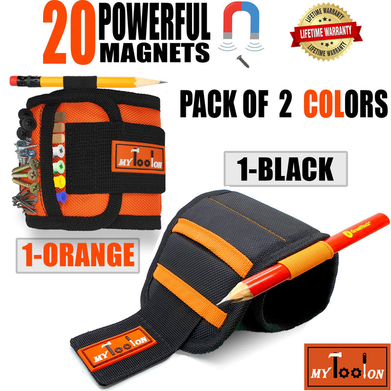 MyToolOn Magnetic Wristband with 20 Strong Magnets for Holding Screws, Nails, Drill Bits Best Unique Tool Gift for Men, Father Dad, DIY Handyman, Husband, Boyfriend, Him, Women 2 pack orange+black - NewNest Australia