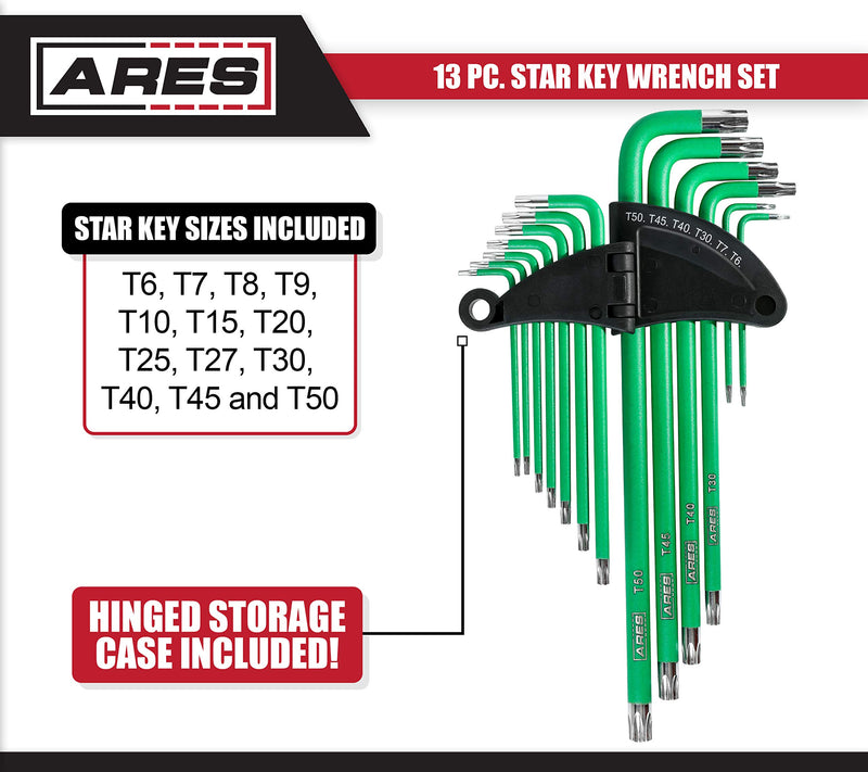 ARES 70166-13-Piece Extra Long Arm Star Key Wrench Set - Chrome Finish with Green High Visibility Anti-Slip Coating - Convenient Storage Case Included Star Key Set - NewNest Australia