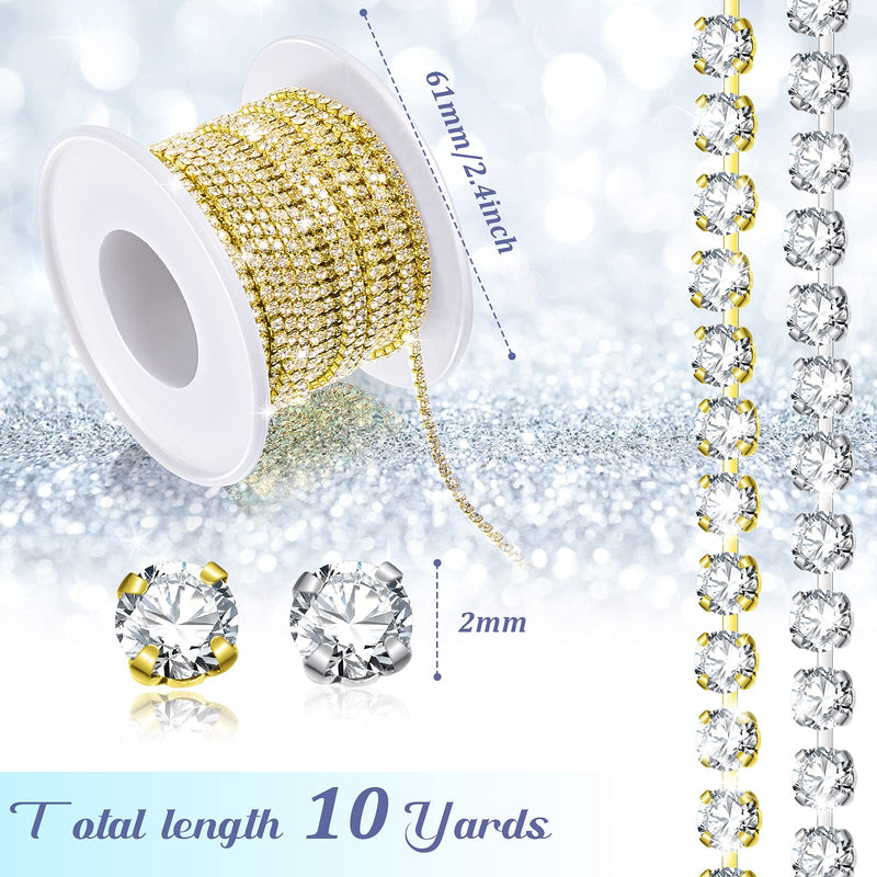 2 Rolls Crystal Rhinestone Close Chain Trim, Rhinestones Chain for Crafts Sewing DIY Jewelry Wedding Decoration (Silver, Gold,2 MM x 10 Yards) Silver, Gold 2 MM - NewNest Australia