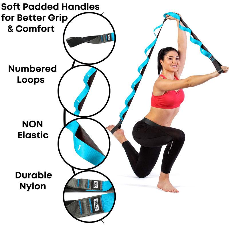 Stretching Strap with Loops for Physical Therapy, Yoga, Exercise and Flexibility - Non Elastic Fitness Stretch Band + Exercise Instructions & Carry Bag by CTRL Sports 10 Loops - Blue - NewNest Australia