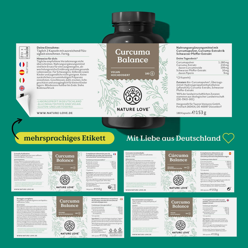 NATURE LOVE® Curcuma Balance - 180 capsules - high dose with 199mg curcumin and 10mg black pepper extract with piperine per daily dose - vegan, laboratory tested and produced in Germany - NewNest Australia