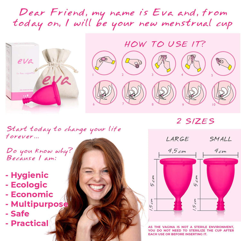 Menstrual Cup Kit Eva Cup Dulàc - 2 Soft Menstrual Cups Size S + L (Pink Medical Grade Silicone), Sterilizer Spray and Cotton Bag - Period Cup Eco-Friendly and Flexible - Eva Soft Cup, Made in Italy - NewNest Australia