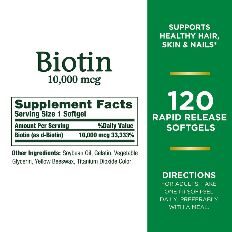 Biotin by Nature's Bounty, Vitamin Supplement, Supports Metabolism for Energy and Healthy Hair, Skin, and Nails, 10000 mcg, 120 Rapid Release Softgels 120 Count - NewNest Australia