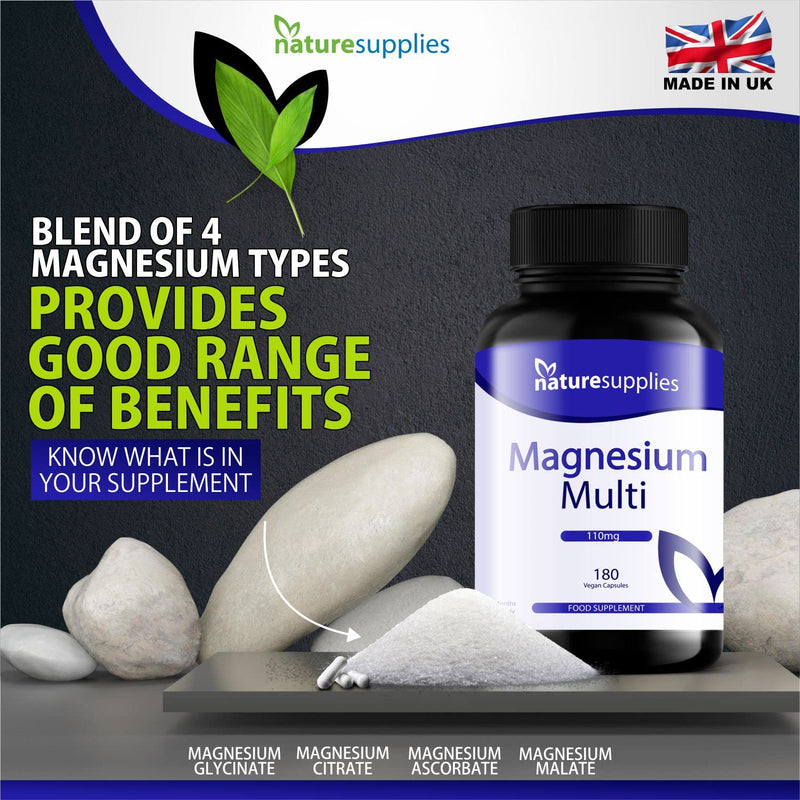 Naturesupplies Magnesium Multi Capsules 180 Pack Made in UK, High Absorption 4 Magnesium Powders in One Capsule, Citrate, Malate, Ascorbate & Bis-Glycinate - NewNest Australia