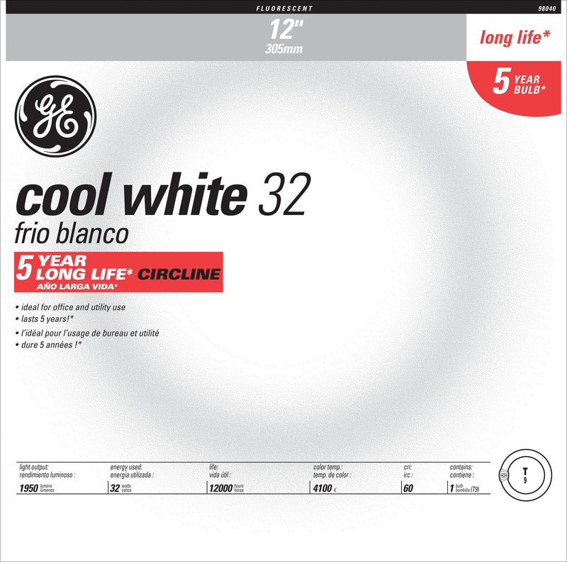 GE Lighting FC12 T9 Garage & Basement Circline Fluorescent Light Bulb, Cool White Finish, 32-Watt, 1950 Lumen, 12-Inch Circular Diameter, 1-Pack 1 Count (Pack of 1) - NewNest Australia