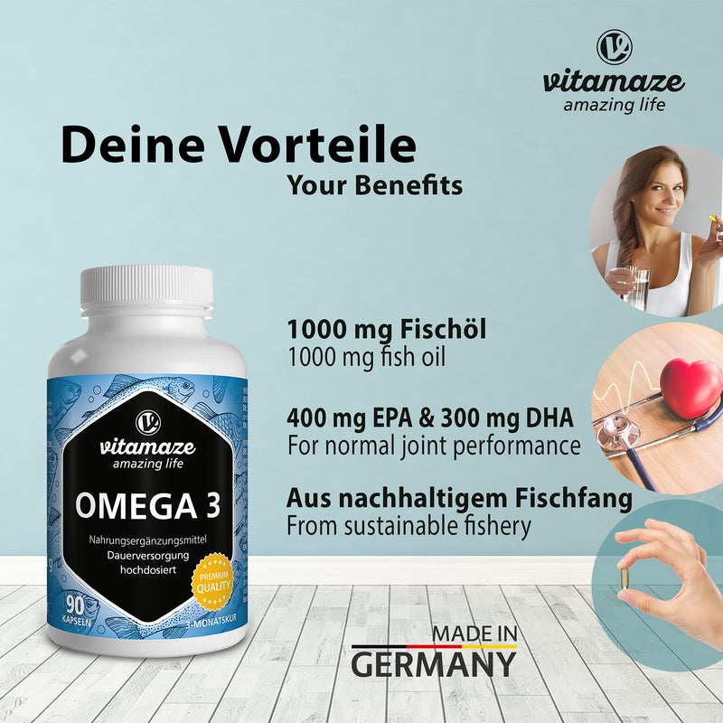 Omega 3 capsules high dose, 1 capsule per day, 1000 mg pure fish oil with 400 mg (40%) EPA & 300 mg (30%) DHA for 3 months, sustainable fishing, highest bioavailability, Made in Germany - NewNest Australia