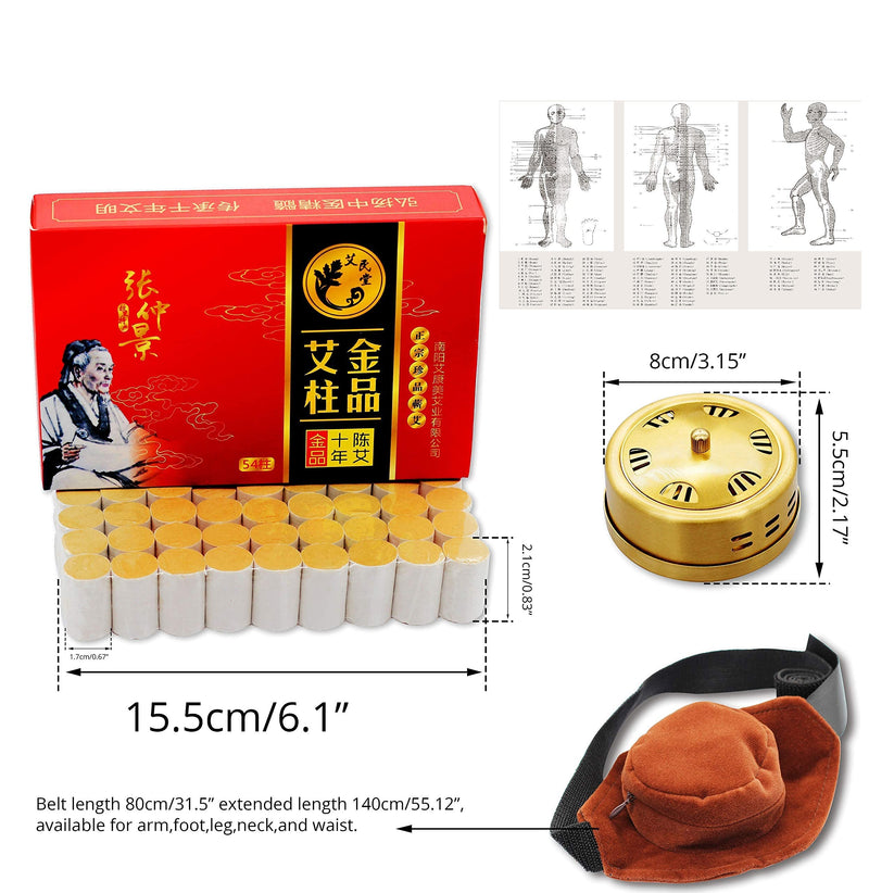 10-Years Purity 60:1 Ratio 54 Rolls Sticks Pure Moxibustion + 1 Copper Portable Smokeless Mugwort Moxibustion Moxa Box Round Shape Burner+1 Acupoint Map Acupuncture With Copper Burner - NewNest Australia