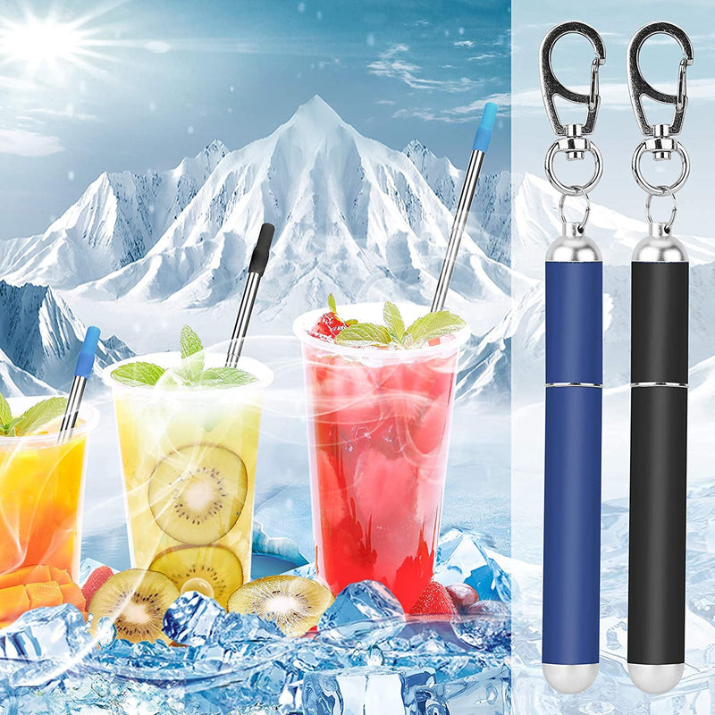 2 Pcs Portable Metal Straws, 3-Section Adjustable Telescopic Straw with Silicone Tips Cover, Aluminum Keychain Case and Telescopic Cleaning Brush, Unique Design for Home Travel(Black & Blue) Black & Blue - NewNest Australia