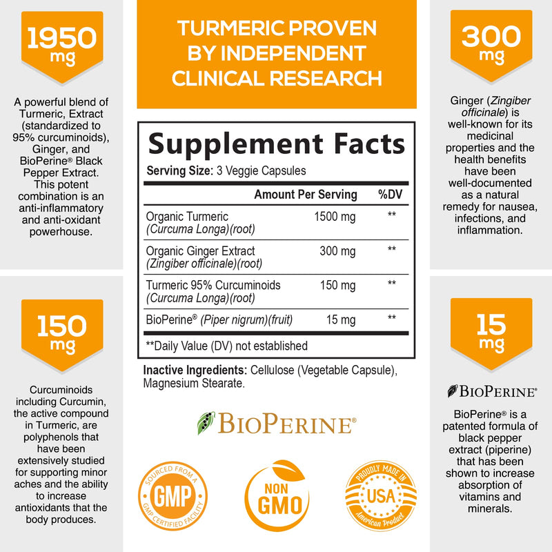 Turmeric Curcumin with BioPerine & Ginger 95% Curcuminoids 1950mg - Black Pepper for Absorption, Made in USA, Natural Immune Support, Turmeric Ginger Supplement by Natures Nutrition - 60 Capsules 60 Count (Pack of 1) - NewNest Australia