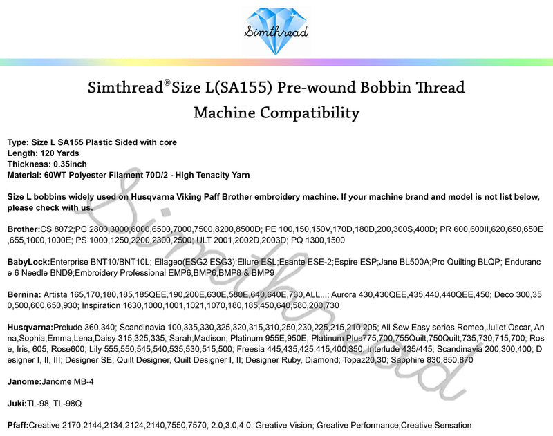 Simthread 144 Prewound Bobbin Thread Size L 60WT (SA155) for Husqvarna Viking pfaff Creative Vision Embroidery Machines Plastic Side - Black 60wt 144Black - NewNest Australia