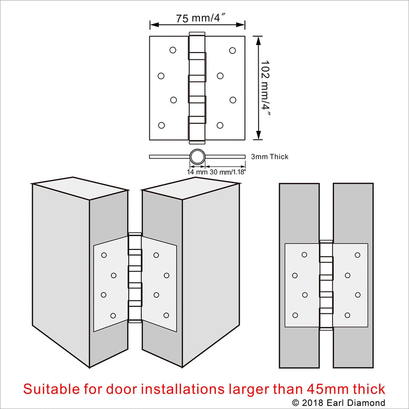 Earl Diamond Brushed Stainless Steel Hinges, 4" X 3" Door Hinges (Pack of 2) Siver - NewNest Australia