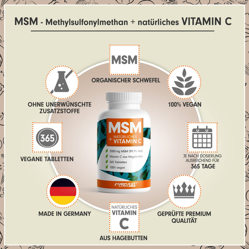 MSM 2000 mg per day + natural vitamin C - 365 tablets with methylsulfonylmethane - more compact powder than capsules - high dose with 1000 mg per MSM tab - vegan & without additives 365 pieces (pack of 1) - NewNest Australia