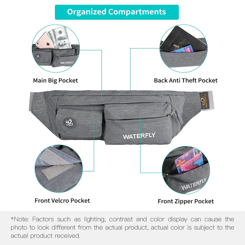 WATERFLY Fanny Pack for Women Men Water Resistant Small Waist Pouch Slim Belt Bag with 4 Pockets for Running Travelling Hiking Walking Lightweight Crossbody Chest Bag Fit All Phones Grey - NewNest Australia