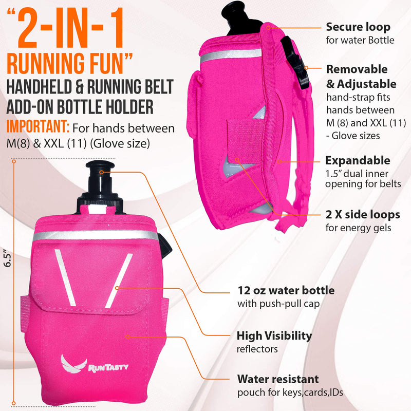“2-in-1 Running Fun” - Handheld 12 Oz. Water Bottle & Running Belt Add-on - Straps Onto Your Hand or Slides on Belt! Waterproof Pocket Holds Money, Key, Gels – Maximises Your Time, Freedom and Health! Hot Pink - NewNest Australia