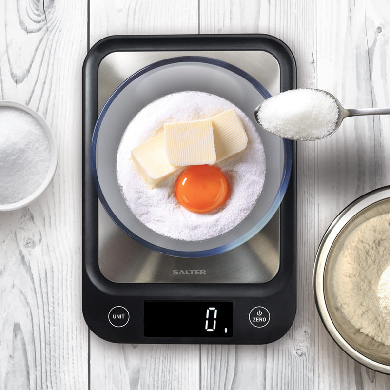 Salter 1068 SSBKDR Ultra Slim Electronic Kitchen Scale, Stainless Steel Platform, Grams & oz. for Baking & Cooking, Easy Clean, Add & Weigh, Measures Liquids, Backlit Display, Black stainless steel Black, Stainless Steel Scales Single - NewNest Australia