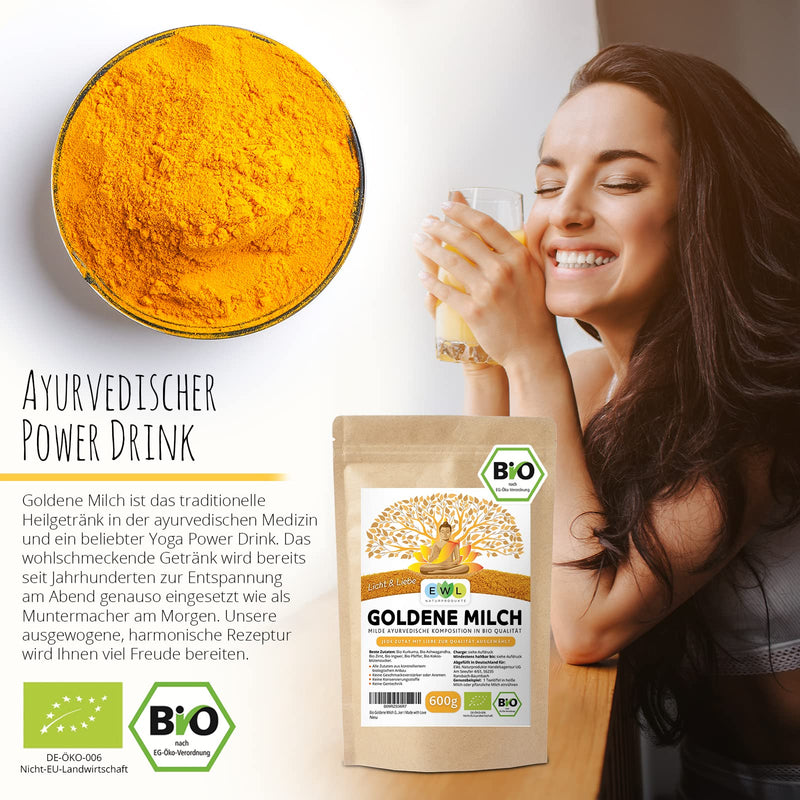 Ewl Natural Products Organic Golden Milk 600G, Golden Milk With Turmeric, Ginger, Ashwaganda, Ceylon Cinnamon, Ceylon Pepper, Coconut Blossom Sugar 600G (Pack Of 1) - NewNest Australia