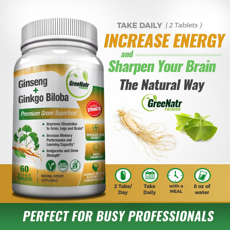 Panax Ginseng + Ginkgo Biloba Tablets - Premium Non-GMO/Veggie Superfood - Traditional Energy Booster and Brain Sharpener - Unique Twin Supplement Combines Ginseng and Ginkgo Biloba 60 Veggie Tablets 60 Count (Pack of 1) - NewNest Australia