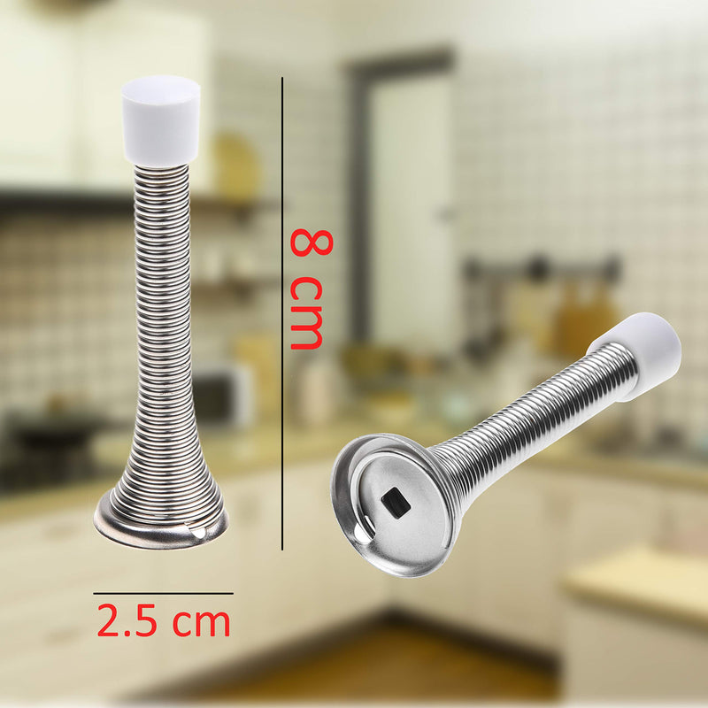 Kare & Kind 4X Spring Door Stoppers (Silver) - Screw-in Flexible Steel Stoppers with White Rubber Bumper Tips - Protect Walls from Bumps, Marks and Damages - Kid and Pet Safe - for Homes, Offices - NewNest Australia