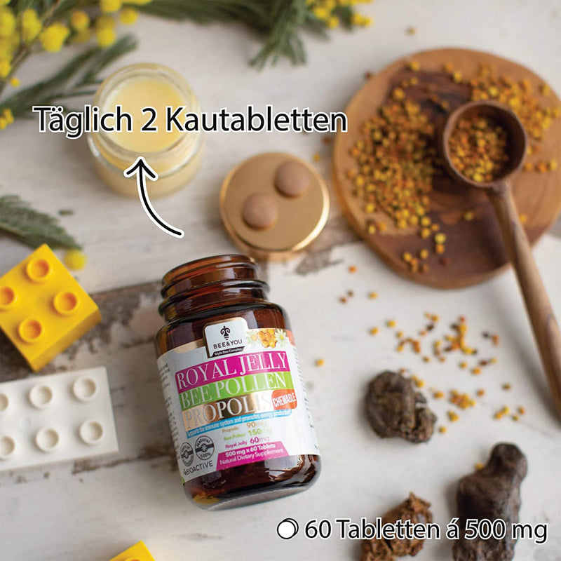 Bee&You Royal Jelly Bee Pollen Propolis with 500 mg 60 tablets (Propolis Capsules - Chewable Tablets - Propolis Extract - No Additives - Fair Trade - Natural & Controlled Ingredients) - NewNest Australia