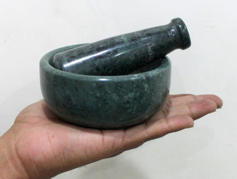 NewNest Australia - KLEO 4" Diameter Natural Stone Mortar and Pestle Set as Spice Grinder, Medicine Masher - Okhli And Musal (Green Shallow) Green Shallow 