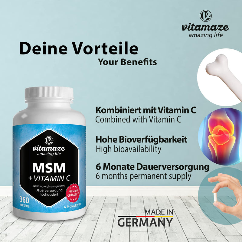 MSM capsules + vitamin C, high dose, 360 capsules for 6 months, 1,334 mg organic sulfur powder per day, 99.9% pure methylsulfonylmethane, nutritional supplement without additives, Made in Germany - NewNest Australia