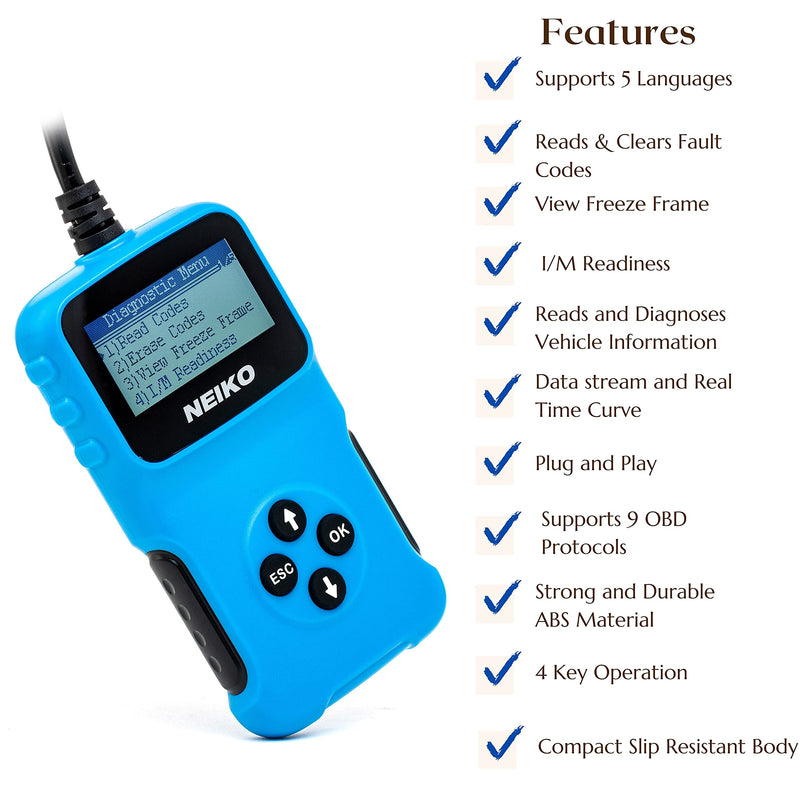 NEIKO 40500A OBD2 Scanner | Car Code Decoder, Reader & Eraser | Automotive Check Engine Light Diagnostic | Read & Clear Emission & Fault Codes | 9 Protocols | OBD II, EOBD, & CAN Vehicles - NewNest Australia