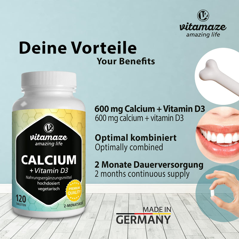 Calcium + Vitamin D3 High Dose, 600 Mg Calcium Carbonate + 400 Iu Cholecalciferol Per Daily Dose, 120 Vegetarian Tablets For 2 Months, Dietary Supplement Without Additives, Made In Germany - NewNest Australia