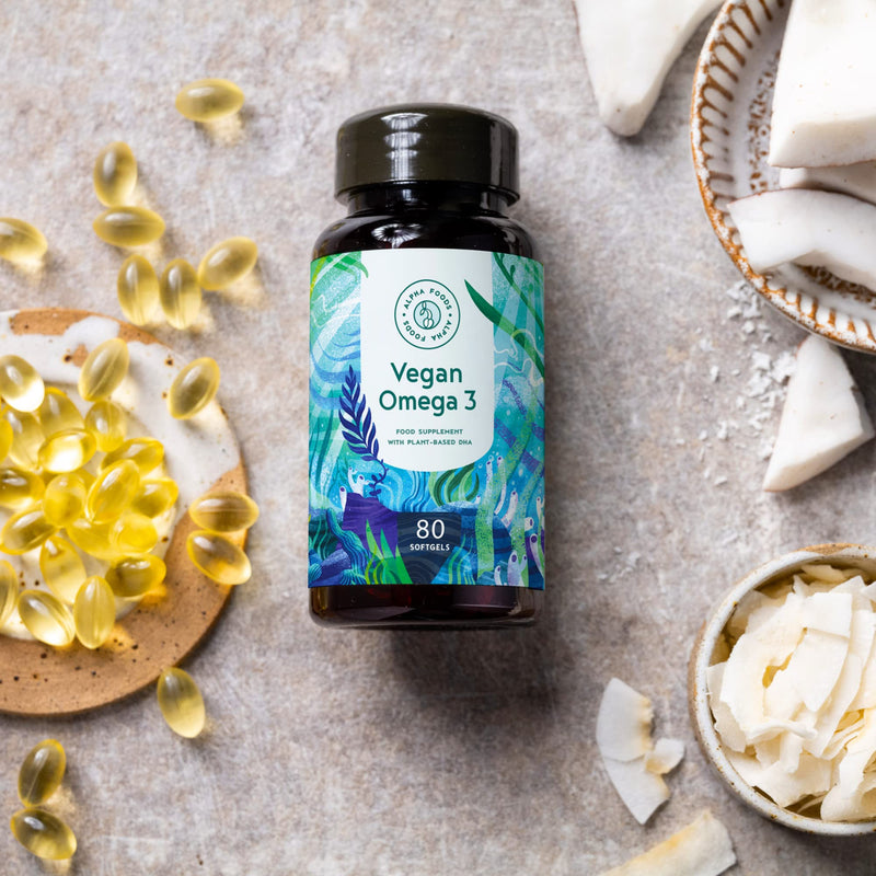 Vegan Omega 3-80 vegan softgel capsules - 500mg algae oil from German brand production per daily dose - Vegetable alternative to fish oil capsules - DHA fatty acids - NewNest Australia
