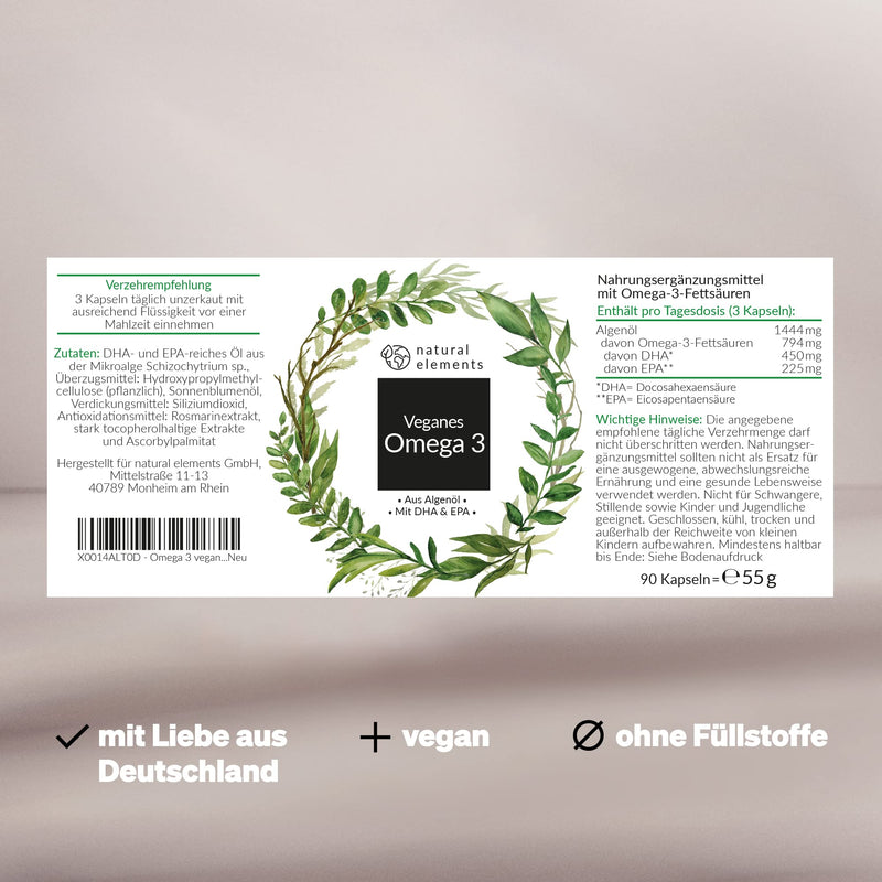 Omega 3 vegan - Premium: With EPA and DHA from algae oil (in triglyceride form) - sustainable and naturally low in harmful substances - 90 capsules - NewNest Australia