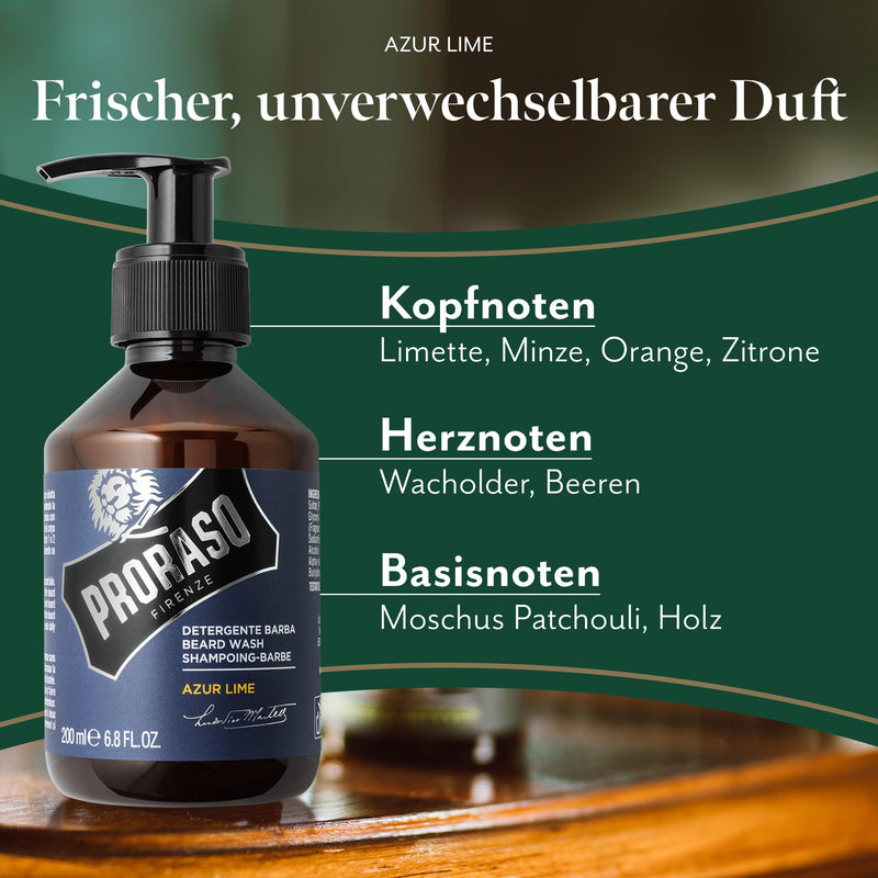 Proraso Beard Wash Azur Lime, 200 ml, scented beard shampoo cleans, nourishes and refreshes beard and skin, washing gel gently removes impurities, Made in Italy - NewNest Australia