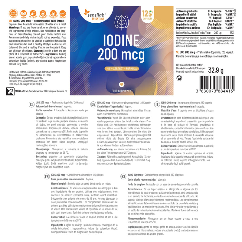 Sensilab Iodine Tablets 200 mcg - Potassium Iodide Tablets to Support the Thyroid and Nervous System - 120 Iodine Tablets - 4 Month Supply - NewNest Australia