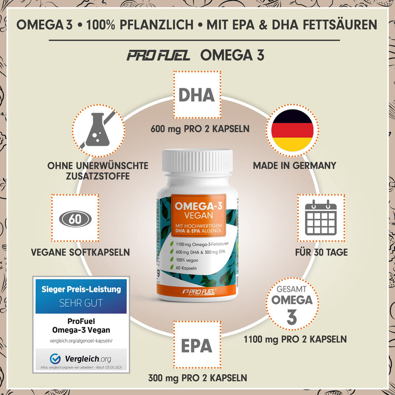 Omega-3 vegan from algae oil (2,000 mg) test winner 2021, highly dosed with 600mg DHA & 300mg DHA - high-quality omega-3 algae oil capsules (vegan) - lab-tested with analysis certificate, 60 capsules - NewNest Australia