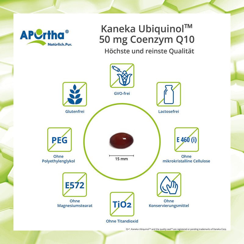 APOrtha Kaneka Ubiquinol Coenzyme Q10 50 mg 120 capsules I Premium CoQ10 capsules high dose 50 mg I High bioavailability thanks to bioactive ubiquinol I 2-fold patented raw material I Daily dose 2 capsules - NewNest Australia