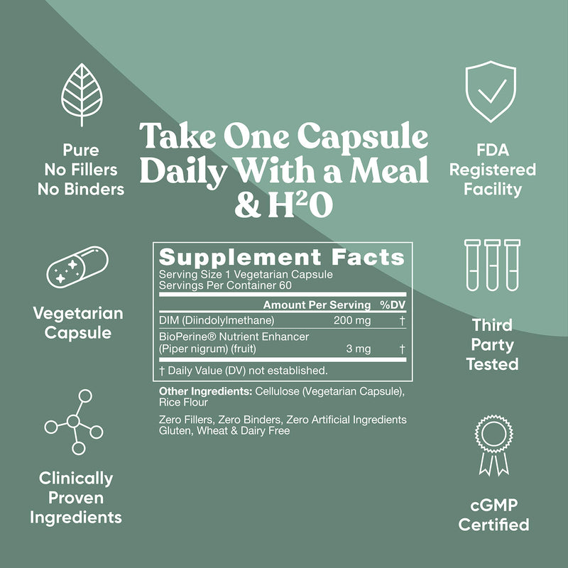 DIM Supplement Pure 200 Mg – Energy Fatigue & Stress Relief, Estrogen Balance, Menopause & Hot Flashes, Hormonal Support for Women – Enhanced Bioavailability BioPerine – 60 Vegetarian Soft Capsules - NewNest Australia