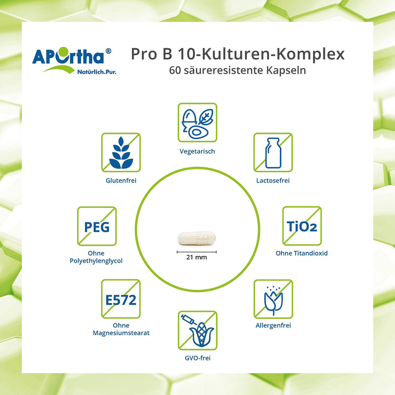 Aportha Pro B 10 Cultures - 60 Gastric Juice-Stable Capsules, 3 Billion Cfu Cultures Per Daily Dose, Allergen-Free, Gluten-Free, Lactose-Free, Vegetarian Without Additives - NewNest Australia