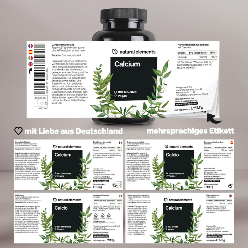 Calcium tablets - 800 mg calcium from calcium carbonate per daily dose - 180 tablets for 3 months - vegan, high dosage, without unwanted additives - produced in Germany & laboratory tested - NewNest Australia