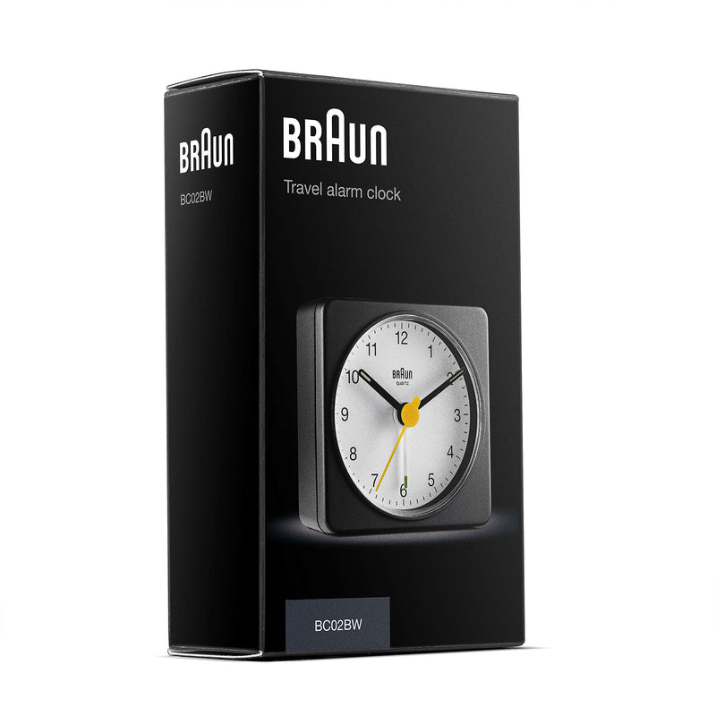 NewNest Australia - Braun Classic Travel Analogue Alarm Clock with Snooze and Light, Compact Size, Quiet Quartz Movement, Crescendo Beep Alarm in Black and White, Model BC02XBW. 