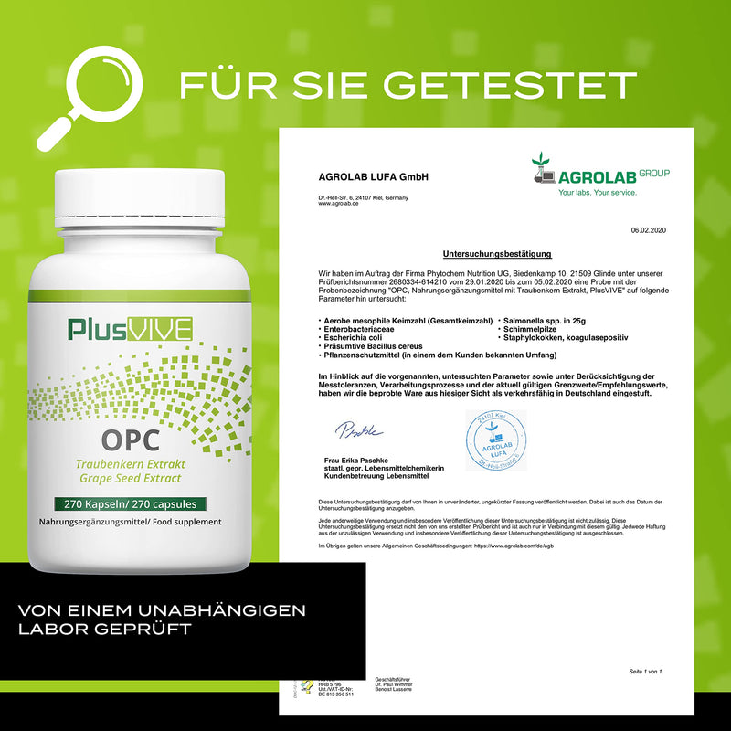 Plusvive OPC grape seed extract 270 capsules - high dose with 400 mg extract per capsule - from French grapes - laboratory tested and vegan single - NewNest Australia