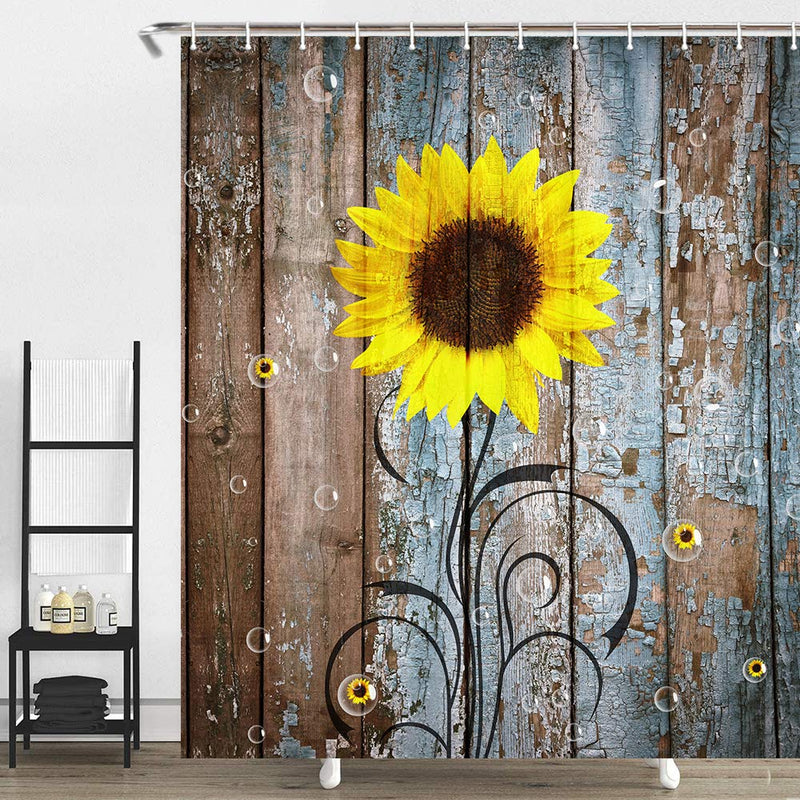 Rustic Sunflower Shower Curtain, Farmhouse Country Floral Flower on Rustic Rural Barn Wooden Fabric Shower Curtain, Yellow Brown Bathroom Curtains with Hooks Sets, 69x70inches 69x72inches - NewNest Australia