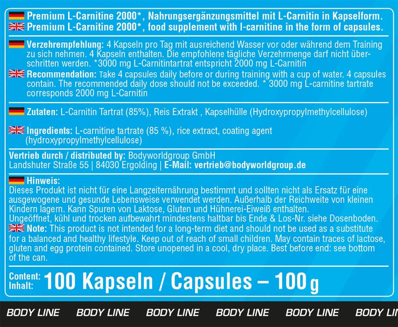 BWG L-Carnitine Premium 2000, vegan, 3000 mg daily portion, ultra high dose, laboratory tested, 100 capsules, popular in the definition phase - NewNest Australia