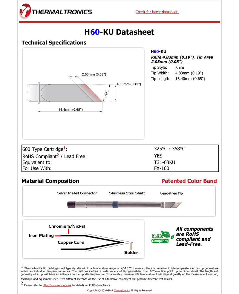 Thermaltronics H60-KU Knife 4.83mm (0.19in), Tin Area 2.03mm (0.08in) interchangeable for Hakko T31-03KU - NewNest Australia