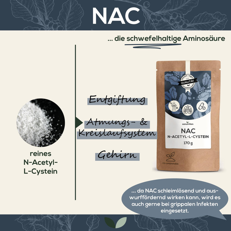 Sanutrition NAC powder 170 g per bag for more than 6 months - NAC Acetyl L-Cysteine in the best quality - N-Acetyl-Cysteine powder 100% pure and produced in Austria without additives - NewNest Australia