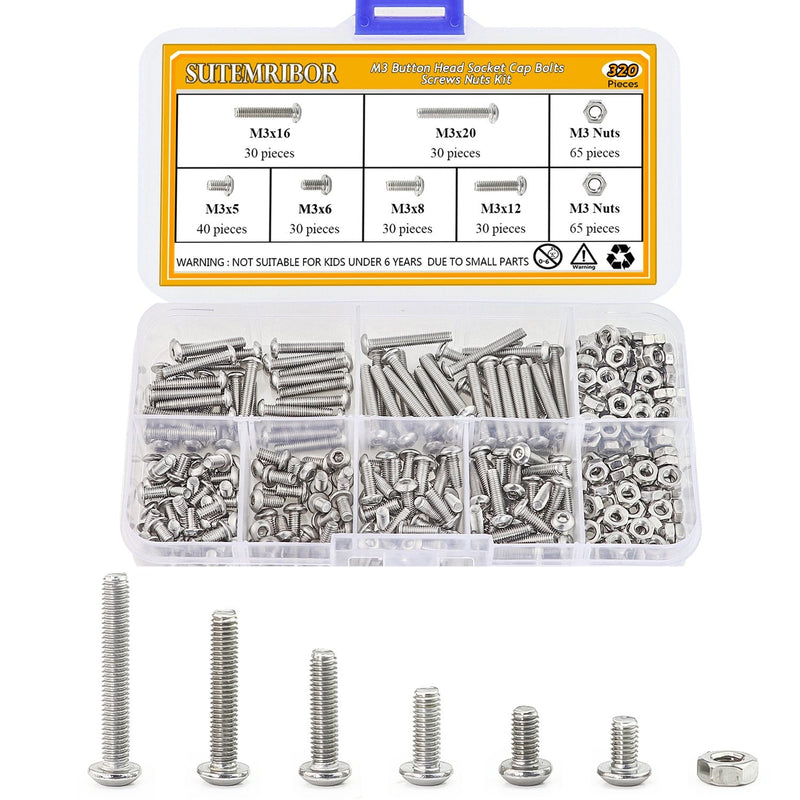 Sutemribor 320 Pieces M3 Stainless Steel Button Head Hex Socket Head Cap Bolts Screws Nuts Assortment Kit + Wrench - NewNest Australia