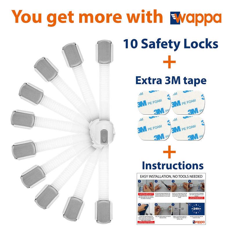 Child Safety Strap Locks (10 Pack) Baby Locks For Cabinets And Drawers, Toilet, Fridge & More. 3M Adhesive Pads. Easy Installation, No Drilling Required, White/Gray - NewNest Australia