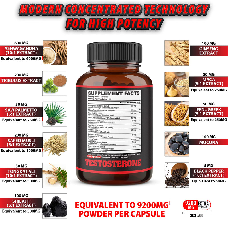 Energy Support Supplement for Men with Ashwagandha, Tribulus, Ginseng & More - 11 Herbs Equivalent to 9200mg - Strength Support - 60 Vegan Capsules 1 Month Supply - NewNest Australia