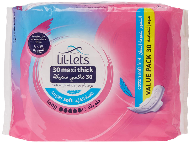 Lil-Lets Maxi Thick Period Pads X 30| Long Absorbency| with Wings | 1 Pack of 30 Maxi Pads |for Medium to Heavy Flow | Unscented | Super Soft Comfort Cover | Super Absorbency Towel - NewNest Australia