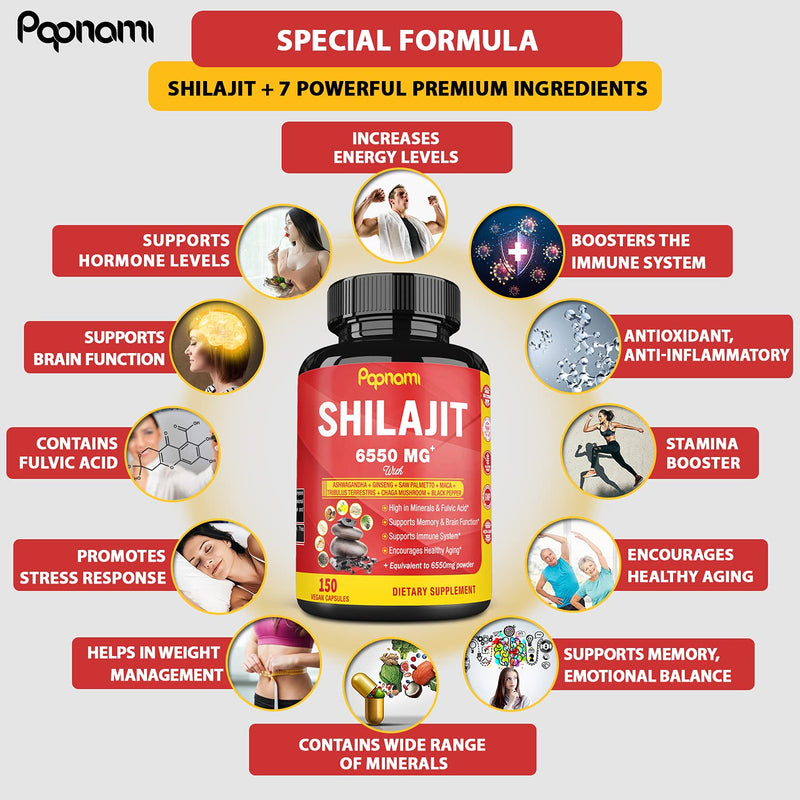 Shilajit Extract Capsules equivalent to 6550mg & Ashwagandha, Ginseng, Saw Palmetto, Maca, Tribulus, Chaga, Pepper, 5 Months Supply | Trace Minerals Fulvic Acid| Immune Support, Brain Boost Supplement - NewNest Australia