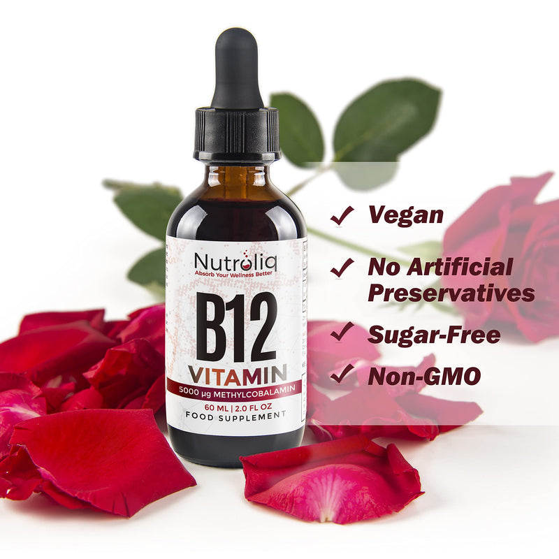Nutroliq Vitamin B12 Liquid Drops - High-Strength 5000mcg Methylcobalamin Supplement - Energy Booster, Immune System Support, Better Concentration and Metabolism - Vegan & Vegetarian Formula - 60ml - NewNest Australia
